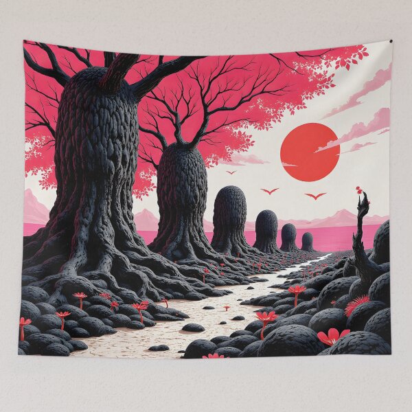 Item preview, Crimson Path I – Surreal Landscape with Black Trees and Red Sun designed and sold by Huskyyy Designs.