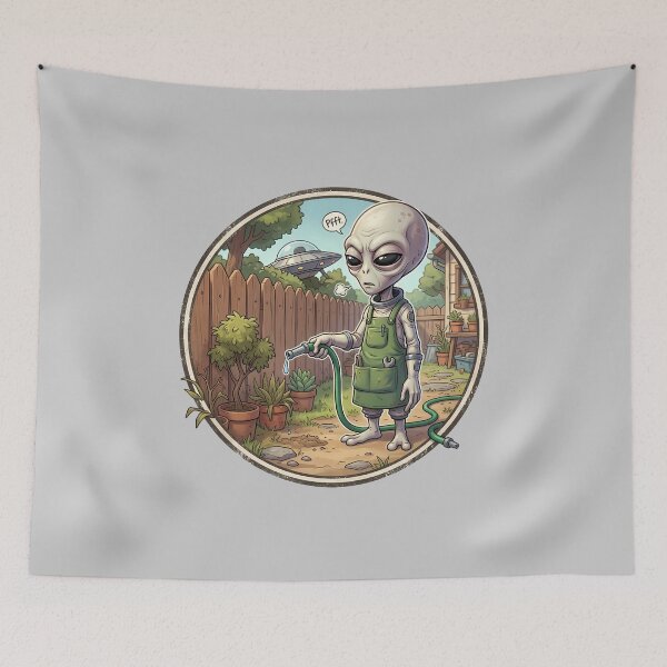 Item preview, Cute Grey Alien Gardening In The Backyard designed and sold by Sunkhung.