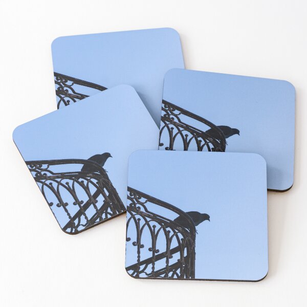 Item preview, Pigeon Silhouette Perched on Wrought Iron Balcony Railing Against Clear Blue Sky at Dusk designed and sold by Nmallia.