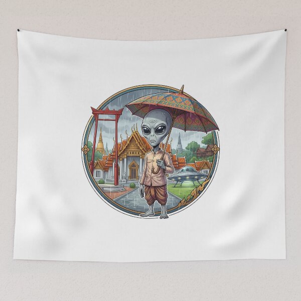 Item preview, Alien Tourist Exploring Thai Temples In The Rain designed and sold by Sunkhung.