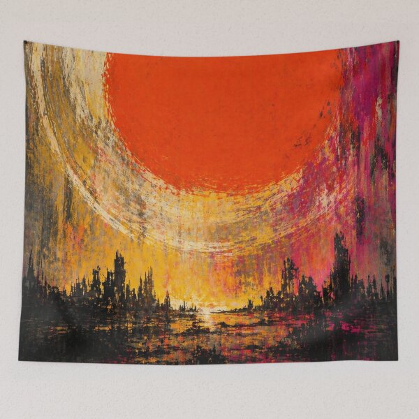 Item preview, Burning sun over a destroyed world – Dystopian urban art with an apocalyptic atmosphere designed and sold by Bernd Friese.