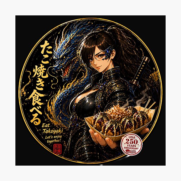 Item preview, Eat Takoyaki Cyber Samurai Girl with Blue Dragon designed and sold by Dragon-Samurai.