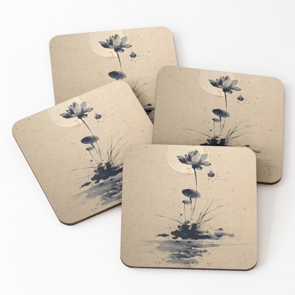Item preview, Lotus Moon Art Print | Japanese Sumi-e Wall Art | Raw Zen Botanical Decor | Indigo and Sepia designed and sold by yugenprint.