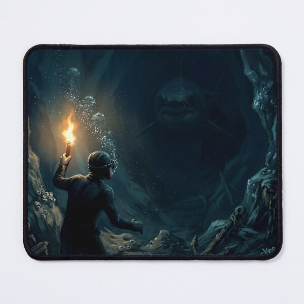 Item preview, KOREA HAENAM - Night Dive Torch Cave Shark Encounter Dark Fantasy Retro Art Print designed and sold by KOREA-HAENAM.