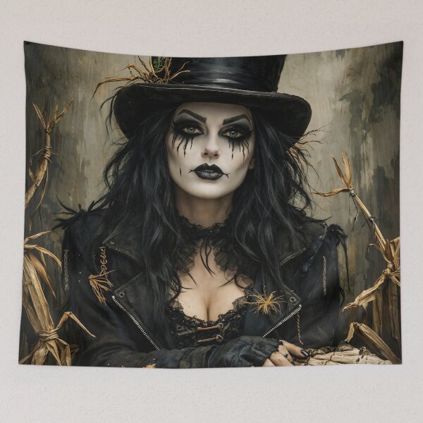 Item preview, Gothic Witch in Top Hat Dark Halloween Portrait with Skeleton Hands designed and sold by Kaleidoscope Print.