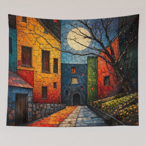 Item preview, Colorful Moonlit Village Street Art Print – Whimsical Abstract Townscape designed and sold by Kaleidoscope Print.