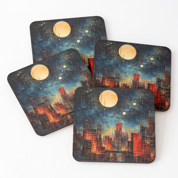 Item preview, Moonlit City Skyline Abstract Nightscape Print – Glowing Urban Wall Art designed and sold by Kaleidoscope Print.