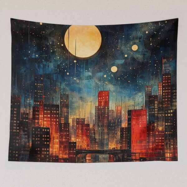 Item preview, Moonlit City Skyline Abstract Nightscape Print – Glowing Urban Wall Art designed and sold by Kaleidoscope Print.