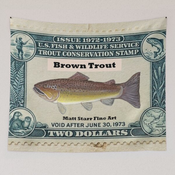Item preview, Trout fishing stamp with brown trout  designed and sold by Matt Starr Fine Art .