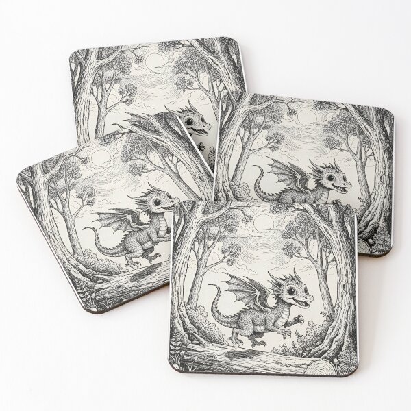 Item preview, Cute Baby Dragon Jumping Over Log in Enchanted Forest Illustration designed and sold by Darkness Hole.