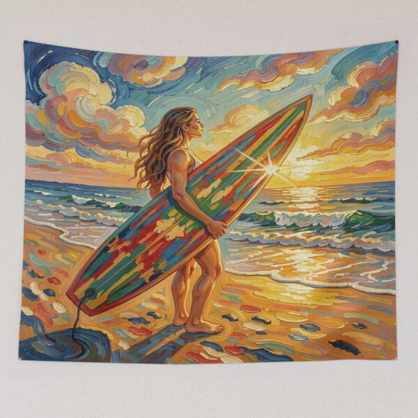 Item preview, Vibrant Sunset Surf Art with Colorful Board, Ocean Waves and Tropical Beach Energy designed and sold by FotoworldEdel.