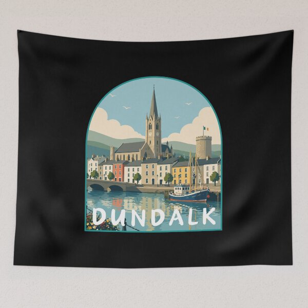Item preview, Dundalk in Ireland, Retro Art Travel Landscape Badge designed and sold by MaateoDesign.