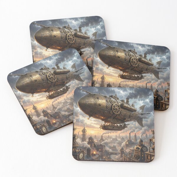 Item preview, Majestic steampunk airships above a golden city in the evening light designed and sold by FotoworldEdel.