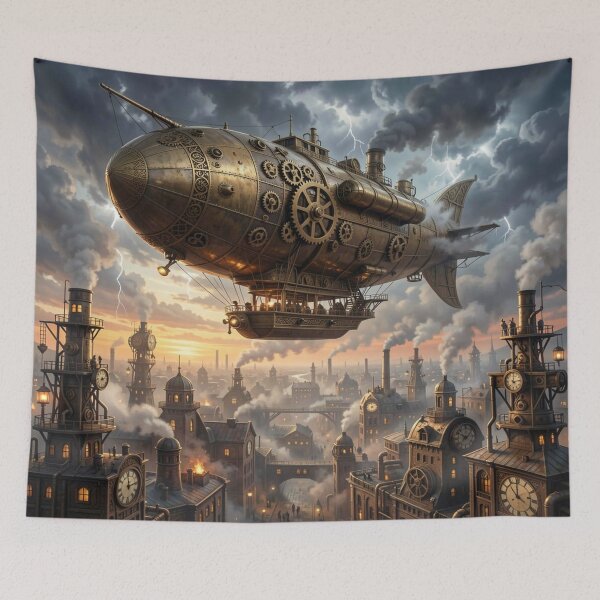 Item preview, Majestic steampunk airships above a golden city in the evening light designed and sold by FotoworldEdel.