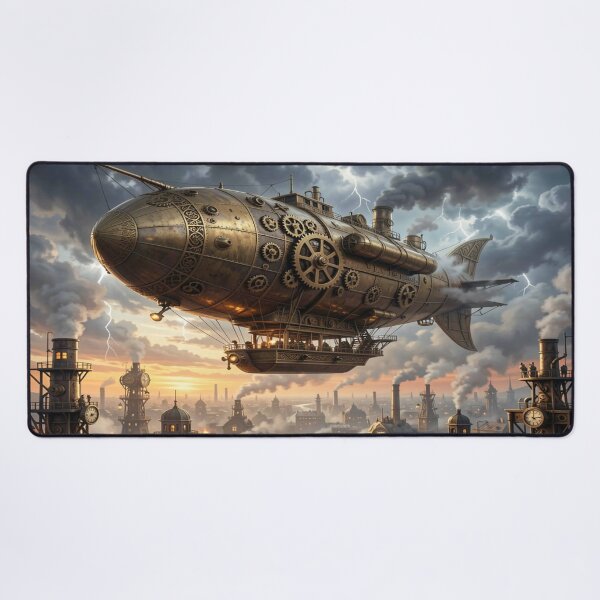 Item preview, Majestic steampunk airships above a golden city in the evening light designed and sold by FotoworldEdel.