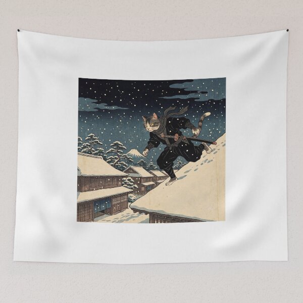 Item preview, Ninja Cat on a Snowy Rooftop — Ninneko Setsuyakou no Zu | Japanese Ukiyo-e Cat Art designed and sold by Ukiyo Neko Hyakkei - Cats of the Floating World-.