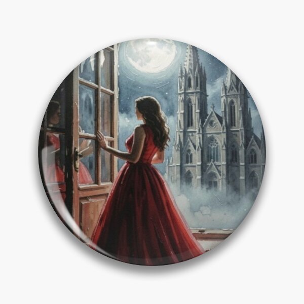Item preview, Mystic Woman in Red in front of Moonlit Cathedral in Gouache Art Style designed and sold by FotoworldEdel.