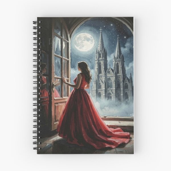Item preview, Mystic Woman in Red in front of Moonlit Cathedral in Gouache Art Style designed and sold by FotoworldEdel.