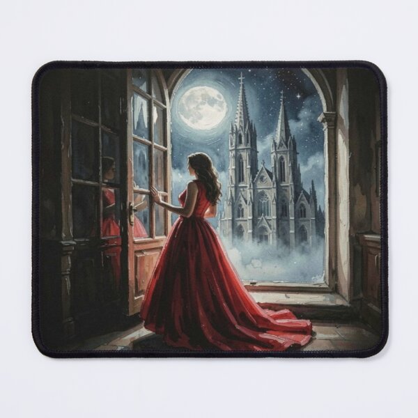 Item preview, Mystic Woman in Red in front of Moonlit Cathedral in Gouache Art Style designed and sold by FotoworldEdel.