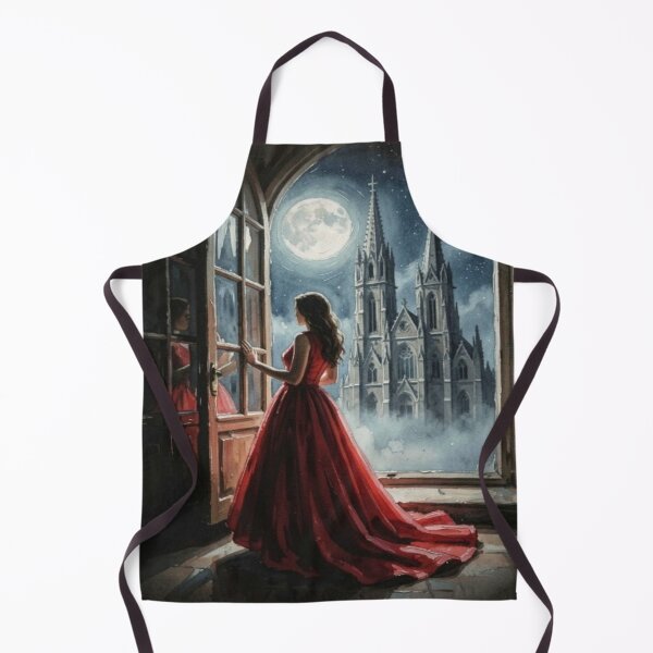Item preview, Mystic Woman in Red in front of Moonlit Cathedral in Gouache Art Style designed and sold by FotoworldEdel.