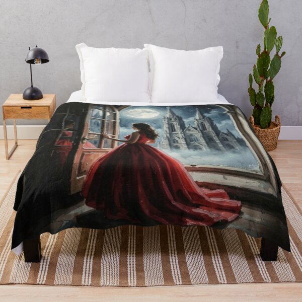 Item preview, Mystic Woman in Red in front of Moonlit Cathedral in Gouache Art Style designed and sold by FotoworldEdel.
