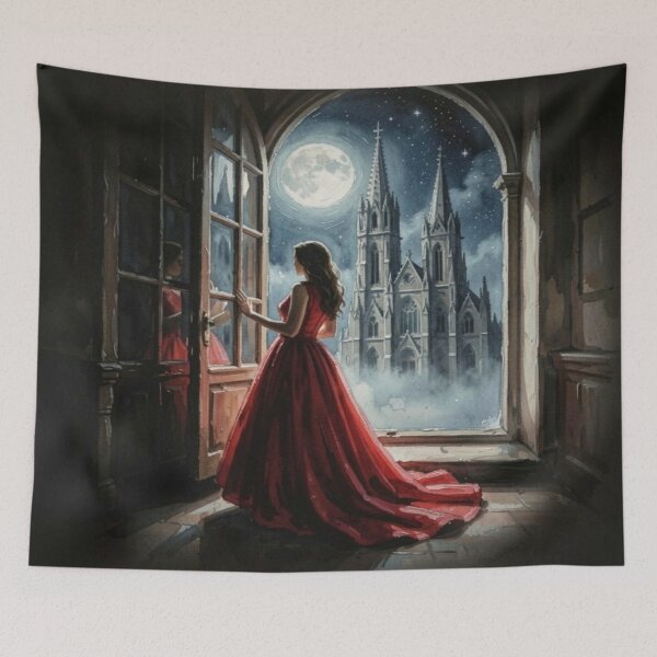 Item preview, Mystic Woman in Red in front of Moonlit Cathedral in Gouache Art Style designed and sold by FotoworldEdel.