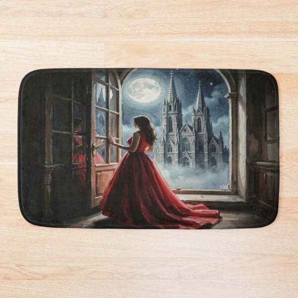 Item preview, Mystic Woman in Red in front of Moonlit Cathedral in Gouache Art Style designed and sold by FotoworldEdel.