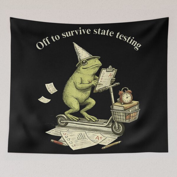 Item preview, Funny Frog Riding Scooter Off To Survive State Testing School Student designed and sold by GalenoHenley.