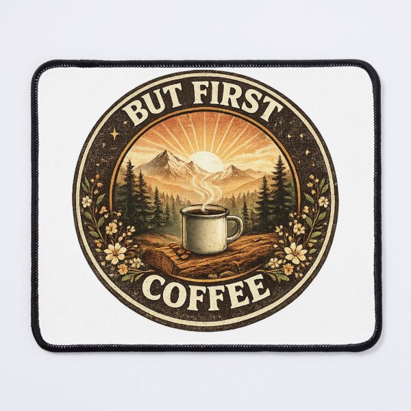 Item preview, But First Coffee - Vintage Mountain Adventure & Camping Design designed and sold by BrewmarkStudio.