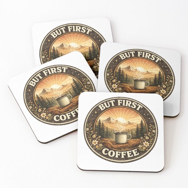 Item preview, But First Coffee - Vintage Mountain Adventure & Camping Design designed and sold by BrewmarkStudio.