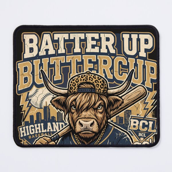 Item preview, Batter Up Buttercup Highland Cow Baseball Mascot designed and sold by AwesomeBeyondLimits.