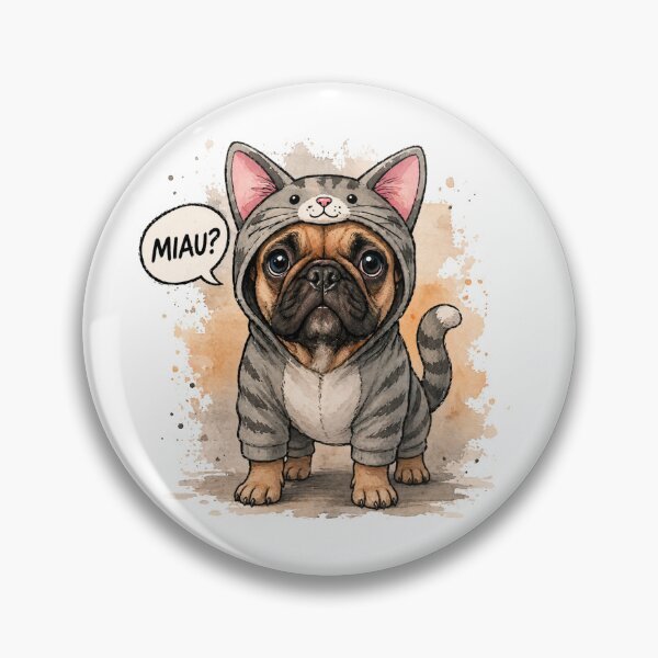 Item preview, Cute French Bulldog in Cat Costume – Funny “Miau?” Comic Watercolor Dog Illustration designed and sold by shallia.