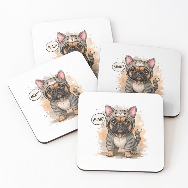 Item preview, Cute French Bulldog in Cat Costume – Funny “Miau?” Comic Watercolor Dog Illustration designed and sold by shallia.