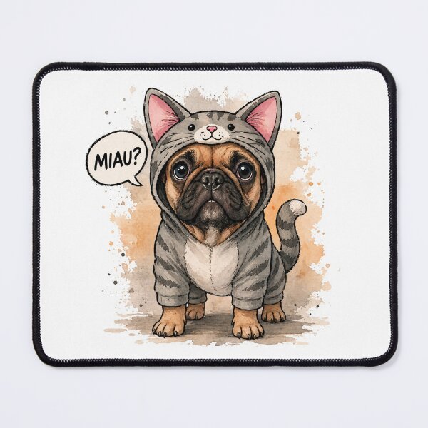 Item preview, Cute French Bulldog in Cat Costume – Funny “Miau?” Comic Watercolor Dog Illustration designed and sold by shallia.
