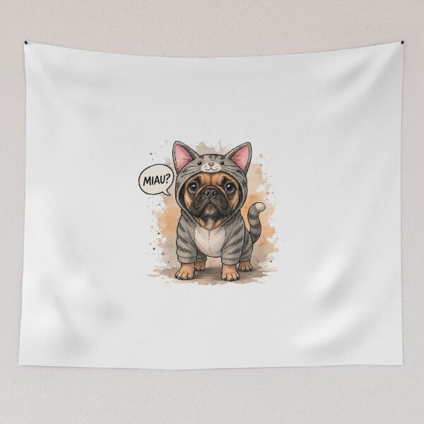 Item preview, Cute French Bulldog in Cat Costume – Funny “Miau?” Comic Watercolor Dog Illustration designed and sold by shallia.