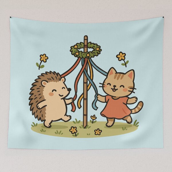 Item preview, Cat and Hedgehog Celebrating May Day designed and sold by Ghost on Toast.