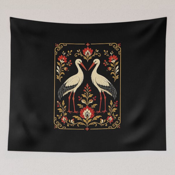 Item preview, Folk Stork Pair – Polish Folk Art Floral Design designed and sold by Galskap.