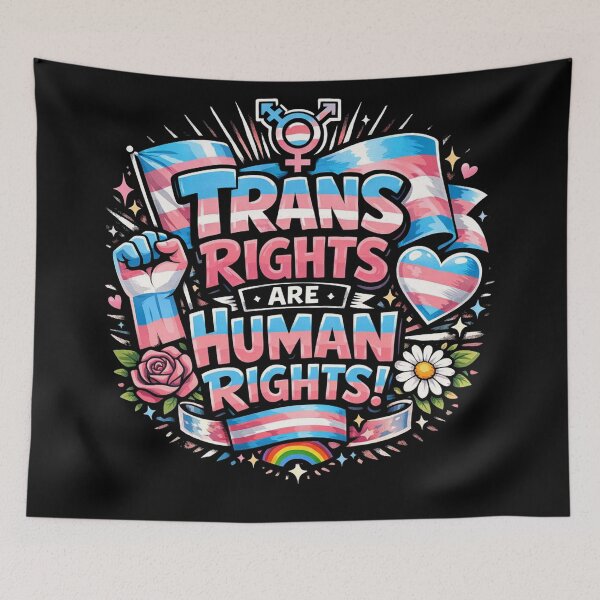 Item preview, Trans Rights Are Human Rights! Trans Pride Flag, Raised Fist, Rainbow & Flowers LGBTQ+ Equality Art designed and sold by Owcomm.