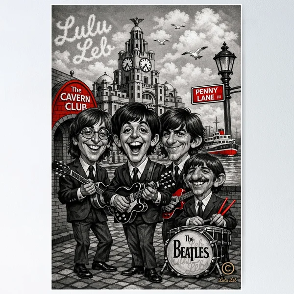 The Beatles in Liverpool Selective Color Caricature