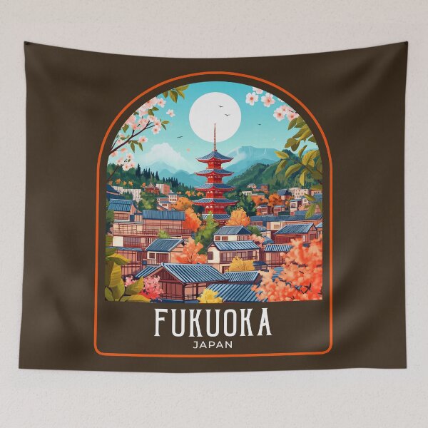 Item preview, Fukuoka Vintage Travel Illustration designed and sold by HomeLivingCo.