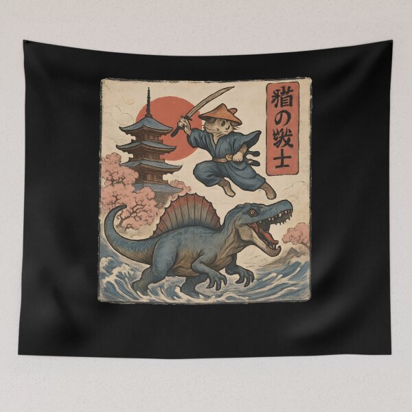 Item preview, Samurai Cat vs Spinosaurus Ukiyo-e designed and sold by SiarheiYur.