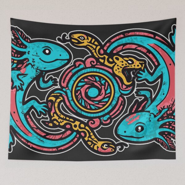 Item preview, Aztec axolotl Xolotl fighting Tezcatlipoca jaguar and snake gods pink and blue vintage style - HD ONLINE STORE designed and sold by bard-art.