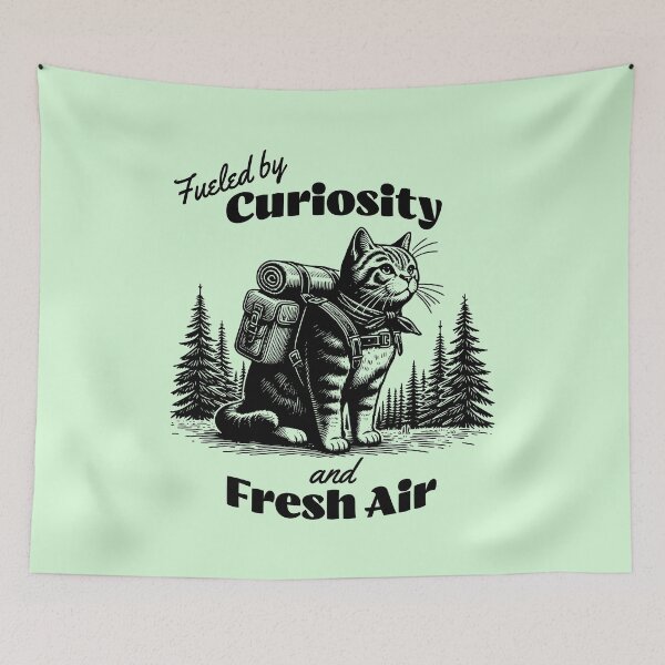 Item preview, Fueled by Curiosity & Fresh Air – Adventurous Hiking Cat Design designed and sold by Sachie's Studio.