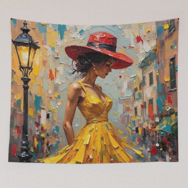 Item preview, Woman in Yellow Dress and Red Hat Palette Knife Art Street Impressionism designed and sold by TS68.