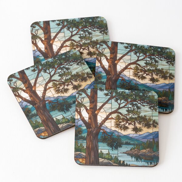 Item preview, Sunset mountain view lake valley pine forest stain glass art  designed and sold by hollycooper.