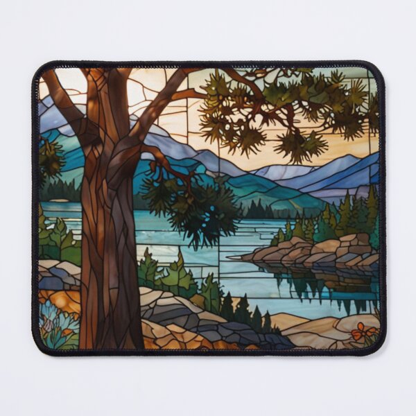 Item preview, Sunset mountain view lake valley pine forest stain glass art designed and sold by hollycooper.