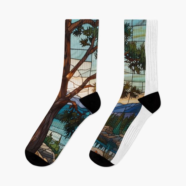 Item preview, Sunset mountain view lake valley pine forest stain glass art  designed and sold by hollycooper.