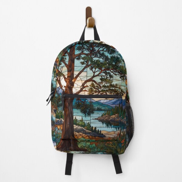Item preview, Sunset mountain view lake valley pine forest stain glass art designed and sold by hollycooper.