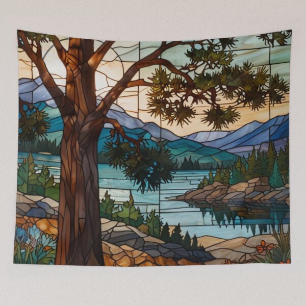 Item preview, Sunset mountain view lake valley pine forest stain glass art  designed and sold by hollycooper.