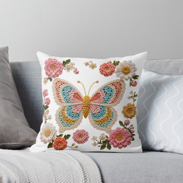 Item preview, Retro Crochet-Style Butterfly Floral Print on White Shapes Mania designed and sold by Shapes-Mania.